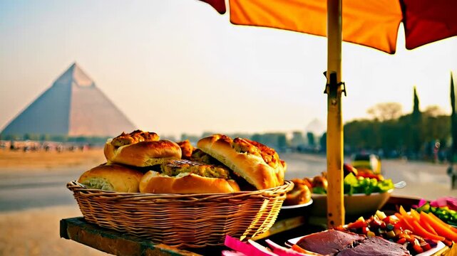 Traditional Cairo street food cart with woven basket of Aish Fino bread, pickled veggies and taameya under orange umbrella, pyramids in hazy background. Concept of Middle Eastern culinary culture