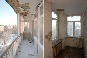 Process of renovating an old balcony with damaged walls and flooring in a residential building...