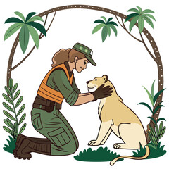 A zookeeper, clad in green, soothes a large brown wild animal exhibiting stress.  The scene emphasizes calm amidst potential danger.
