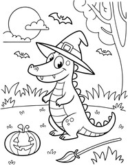 Cute crocodiles wearing witch hats outline cartoon illustration. Halloween coloring book page activity for kids and adults 2