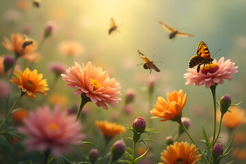 A blooming garden with bees and butterflies