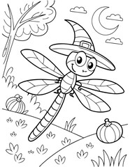 Cute dragonflies wearing witch hats outline cartoon illustration. Halloween coloring book page activity for kids and adults.