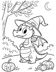 Cute Dragons wearing witch hats outline cartoon illustration. Halloween coloring book page activity for kids and adults 2.