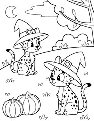 Cute leopards wearing witch hats outline a cartoon illustration—Halloween coloring book page activity for kids and adults.