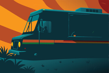 Bold vector illustration of a vibrant food truck, stylized, serving street food.  Include a prominent 'S' logo.