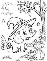 Cute elephants wearing witch hats outline cartoon illustration. Halloween coloring book page activity for kids and adults.