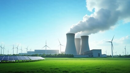 Energy production at a nuclear power plant with wind turbines and solar panels under a clear blue sky