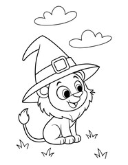 Cute Lions is wearing witch hat outline cartoon illustration. Halloween coloring book page activity for kids and adults.