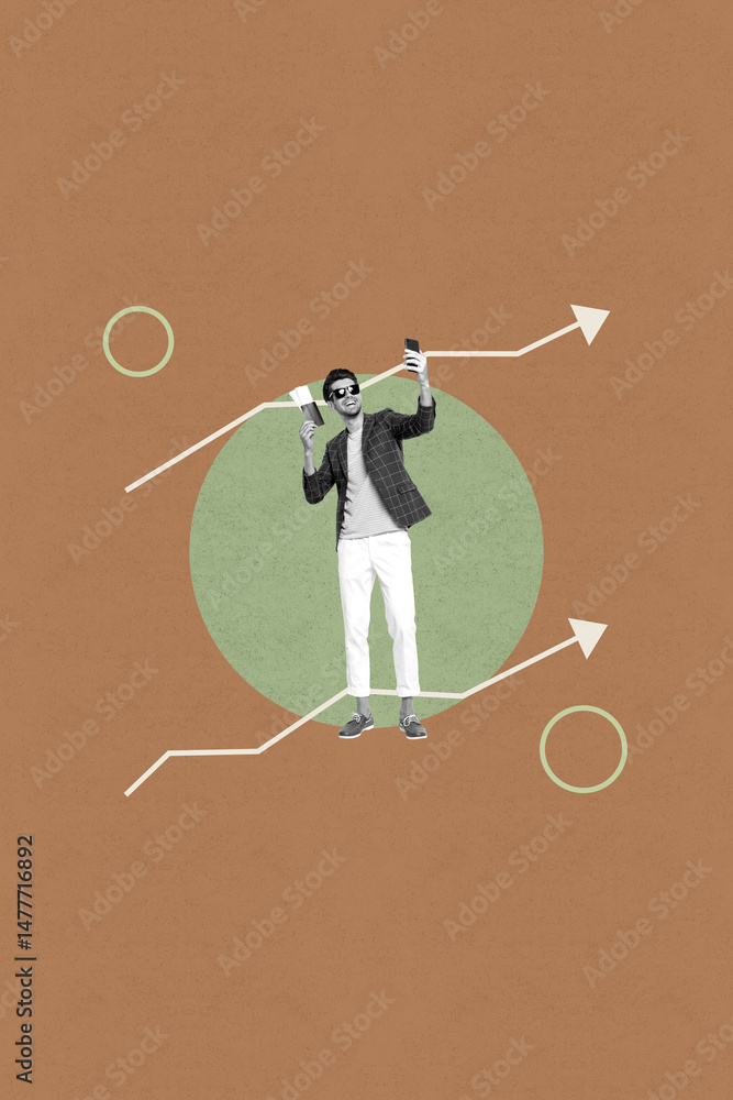 Poster image pop collage of person stand on brown color background with increase arrows