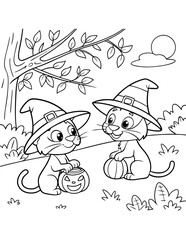Cute panthers wearing witch hats outline cartoon illustration. Halloween coloring book page activity for kids and adults.