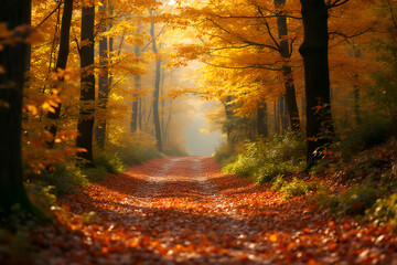 A forest in fall colors yellow, orange and red leaves.
