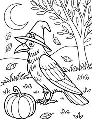 Cute ravens wearing witch hats outline cartoon illustration. Halloween coloring book page activity for kids and adults.
