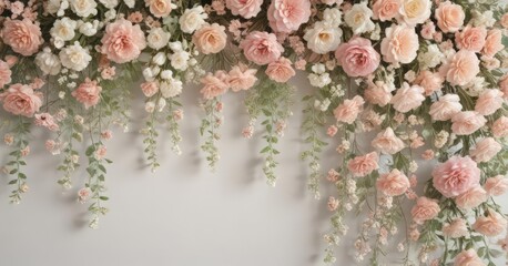 Delicate pastel artificial flower wall, lace trim, vintage style , romantic, props