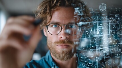 Man drawing complex diagrams on transparent surface