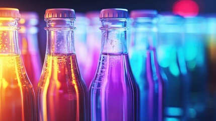 Close-up of liquid probiotics in sleek glass bottles, glowing with vibrant colors