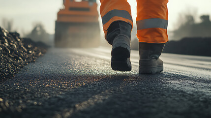 Fototapeta premium Construction Worker Walking on Fresh Asphalt