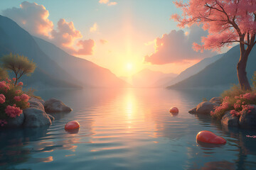 A minimalist watercolor painting depicting a sunrise over a calm sea, with muted colors and soft strokes