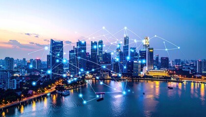 Obraz premium Modern urban cityscape illuminated with interconnected digital network overlay