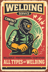 Welding Workshop Poster Design with Welder and Creative Typography – Retro Vector Flyer Featuring Man at Work