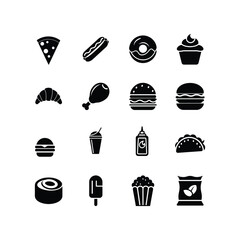 Set of solid black food icons including pizza, burger, taco, donut, soda, and dessert on white background