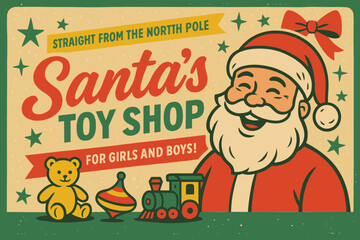 Vintage Christmas Toy Store Sign with Santa Claus – Retro Comic Style Poster for Holiday Decorations