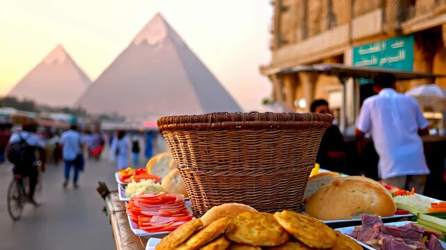 Traditional Cairo street food cart with woven basket of Aish Fino bread, pickled veggies and taameya under orange umbrella, pyramids in hazy background. Concept of Middle Eastern culinary culture