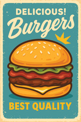 Retro Burger Sign Design for Restaurants & Fast Food Stores – Vintage Vector Illustration
