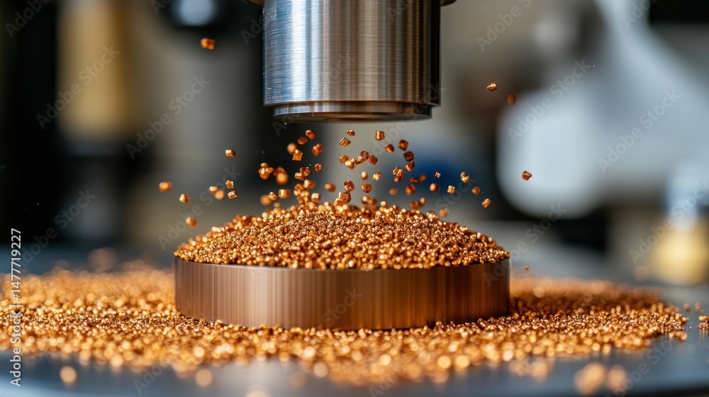 Poster metallic particles being dispensed and processed in a controlled environment