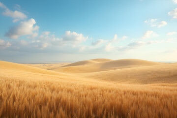 Landscape with wheat fields under blue sky.