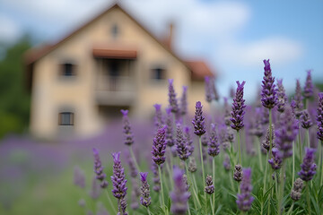 Lavender blooming in the background of an old house.