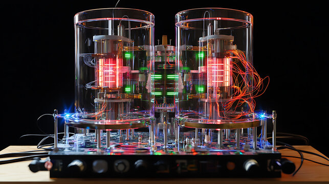 Reactor prototype with layered transparent shells, animated filaments, and intricate electronic pulses 