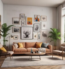 Bright living room, eclectic gallery wall, mixed media artwork,  home decor, gallery wall