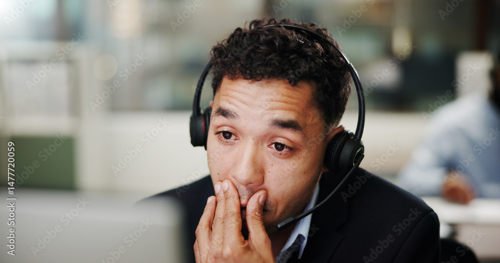 Leinwandbilder man, call center and computer with stress in office, communication or telecom mistake with burnout. 
