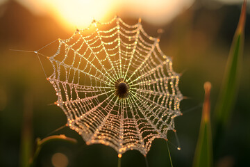 Macro shot of a dew-covered spider web glistening in the morning sunlight