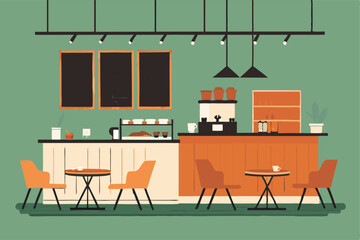Create a minimalist vector illustration of a café interior featuring a chalkboard menu, showcasing a clean and simple design aesthetic.