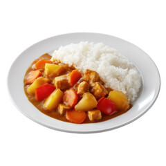 Japanese curry with vegetables, chicken, and rice on white plate (カレーライス) isolated on transparent background