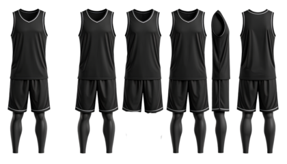 Full Body Basketball Apparel Template in Black  Multiple Angles Transparent Background PNG