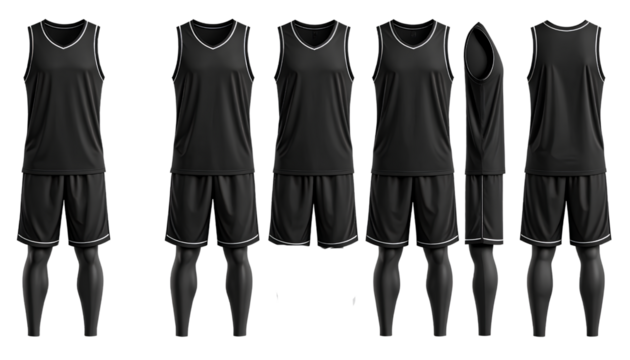 Full Body Basketball Apparel Template in Black  Multiple Angles Transparent Background PNG