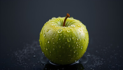 Fresh Green Apple Adorned with Water Droplets CloseUp View