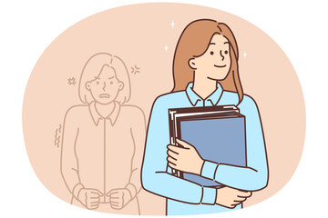 Happy woman office worker standing with folders near angry woman located behind