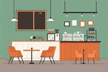 Design a minimalist vector illustration of a café interior featuring a chalkboard menu, showcasing a cozy and modern atmosphere.  Include subtle details suggesting coffee and pastries.