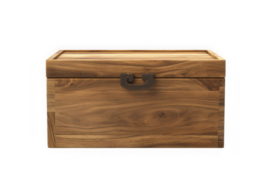 Detailed wooden box with metal latch, showing wood grain and dovetail joints, closed lid, isolated on transparent background