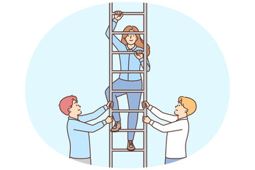 Two men hold ladder with girl for concept close-knit business team and career success © Valery