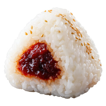 Onigiri rice ball with umeboshi plum topped with sesame seeds (梅干しおにぎり) isolated on transparent background