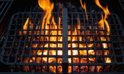 A close-up view of a grill with flames burning bright, ideal for cooking or outdoor enthusiast images