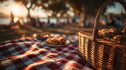 Obraz premium Cozy Picnic Scene with Basket and Delicious Treats at Sunset by the Lakeside