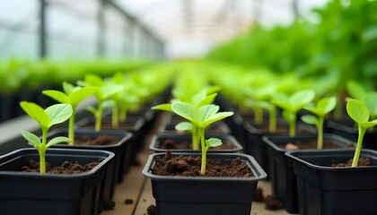 Rows of Young Seedlings Growing in Greenhouse