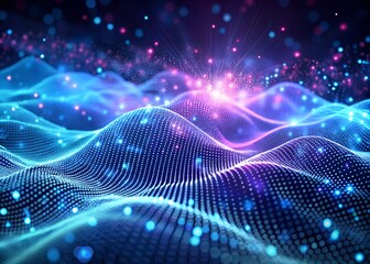 Futuristic 3D Abstract Landscape with Glowing Dots and Waves – Digital Technology and Data Visualization Background