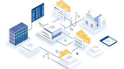 Fototapeta premium Connected Workspaces: Smart devices sync with cloud solutions to optimize document management and team collaboration.