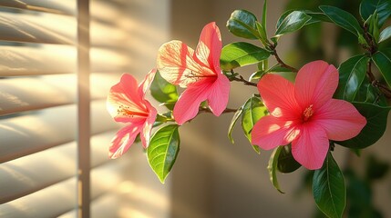 Pink flowers bloom near sunny window blinds
